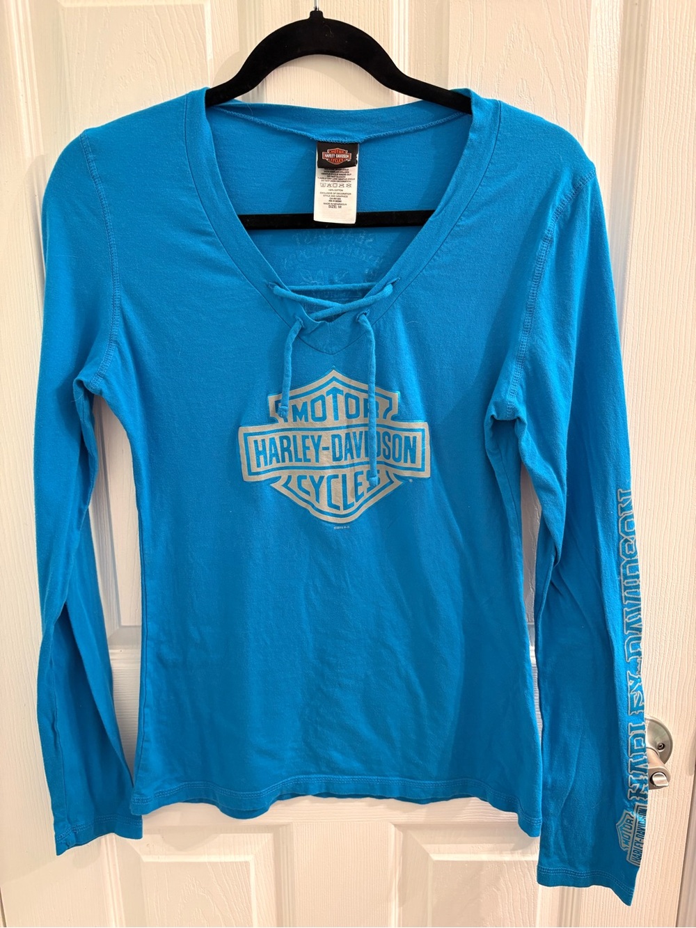 Harley-Davidson Blue Lace-Up Long Sleeve Tee | Y2K Biker Top